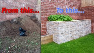 YouTube thumbnail showing the before and after picture for my backyard flowerbed planter
